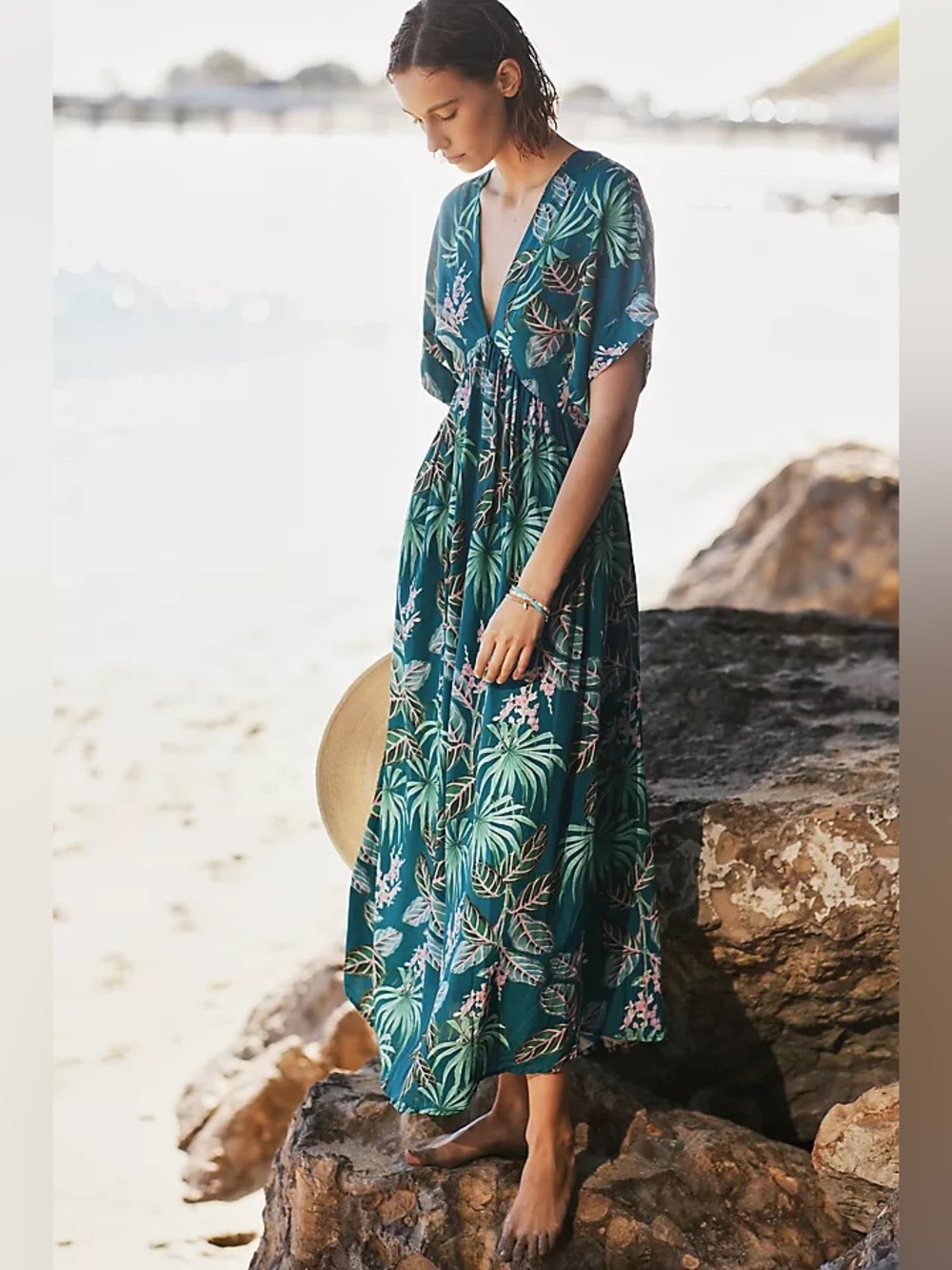 Malai Teal Green Botanical V-Neck Maxi Dress with Puff Sleeves